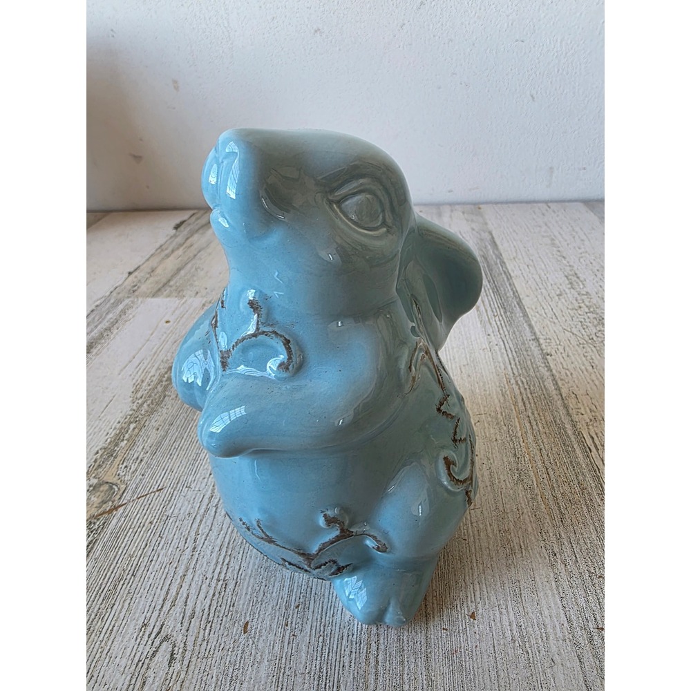 Ceramic blue bunny rabbit statue figurine‎ flower country folk art shabby chic